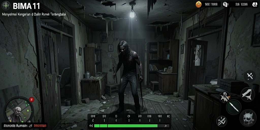 Screenshot utama BIMA11 menunjukkan antarmuka menakutkan di dalam rumah angker.