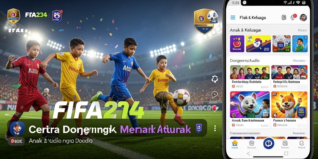 Antarmuka aplikasi FIFA234 yang ramah anak untuk Dongeng Audio.