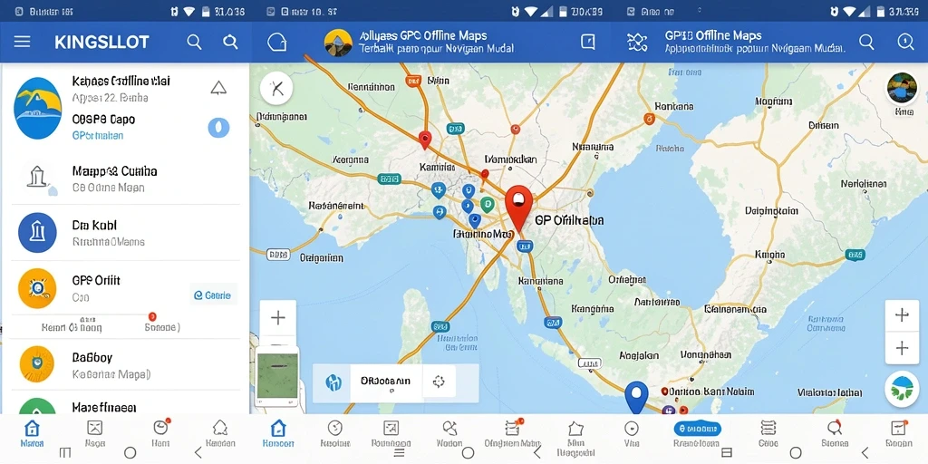 Antarmuka KINGSLOT menunjukkan peta offline dan informasi cuaca.